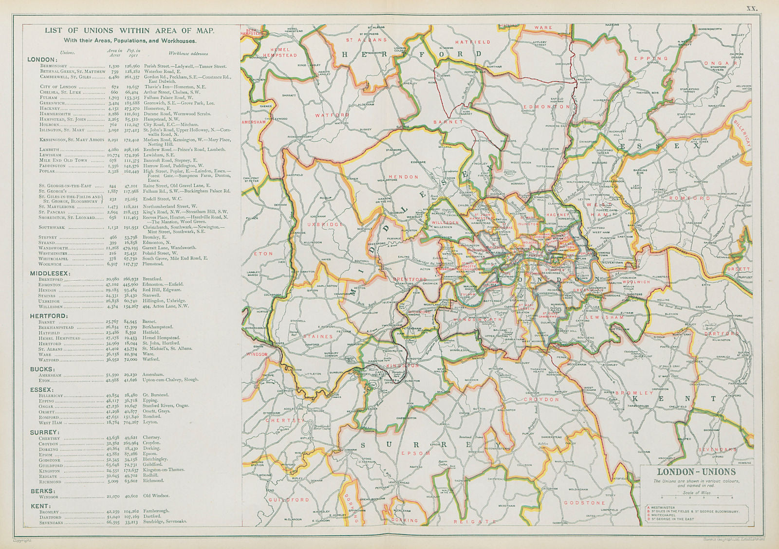LONDON POOR LAW UNIONS. Workhouses. Populations. BACON 1913 old antique map